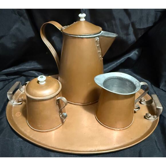 Antique Handmade Copper Tea Set Made in New Jersey "P.M." Makers Mark - Picture 1 of 15